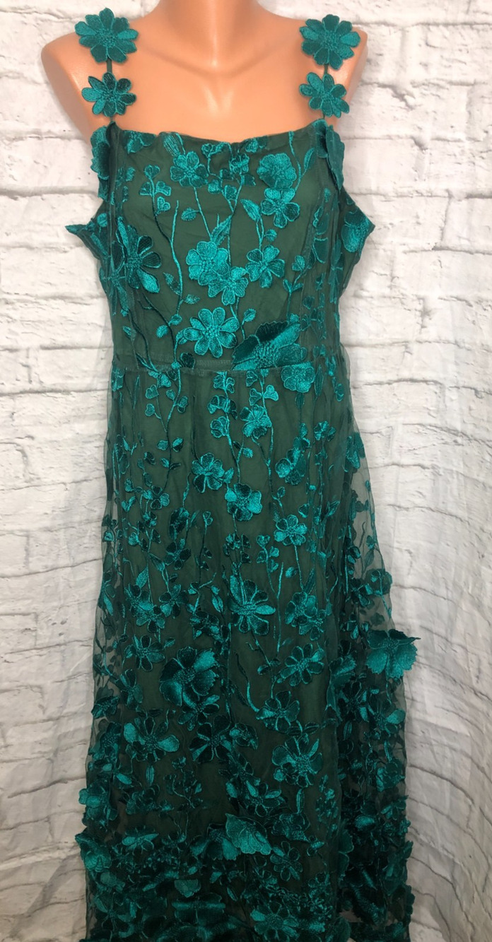 Dalia Macphee Green Floral Lace 3D Embroidered Maxi Dress Size XL